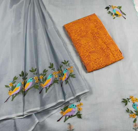 Kota Doria Embroidery Grey Saree with Orange color blouse Handcrafted-Indiehaat