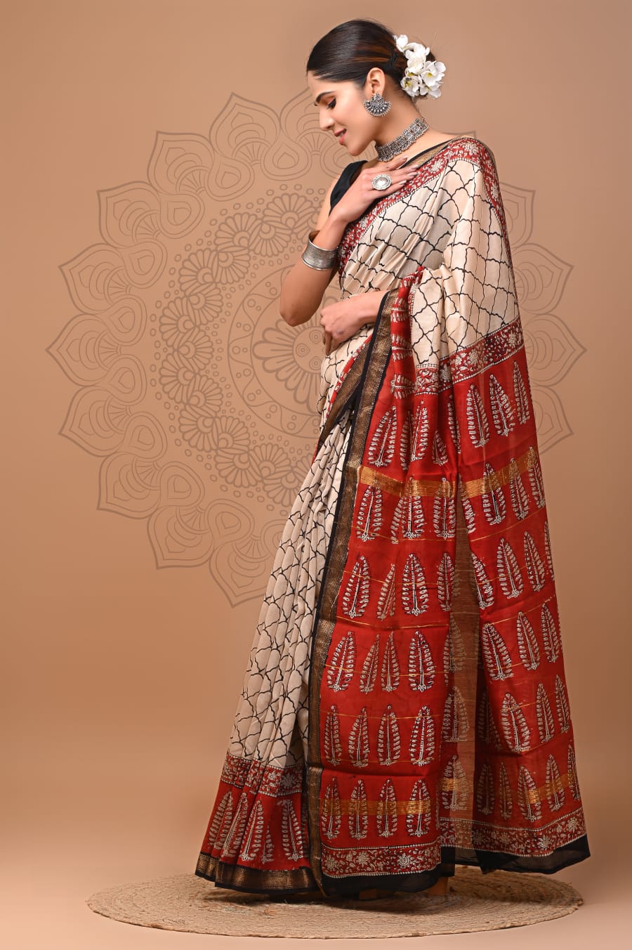Pure Maheshwari Silk Saree Beige Hand block Printed with running blouse (Silk by Silk)-Indiehaat