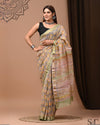 Pure Maheshwari Silk Saree Olive Green Handblock Printed with running blouse