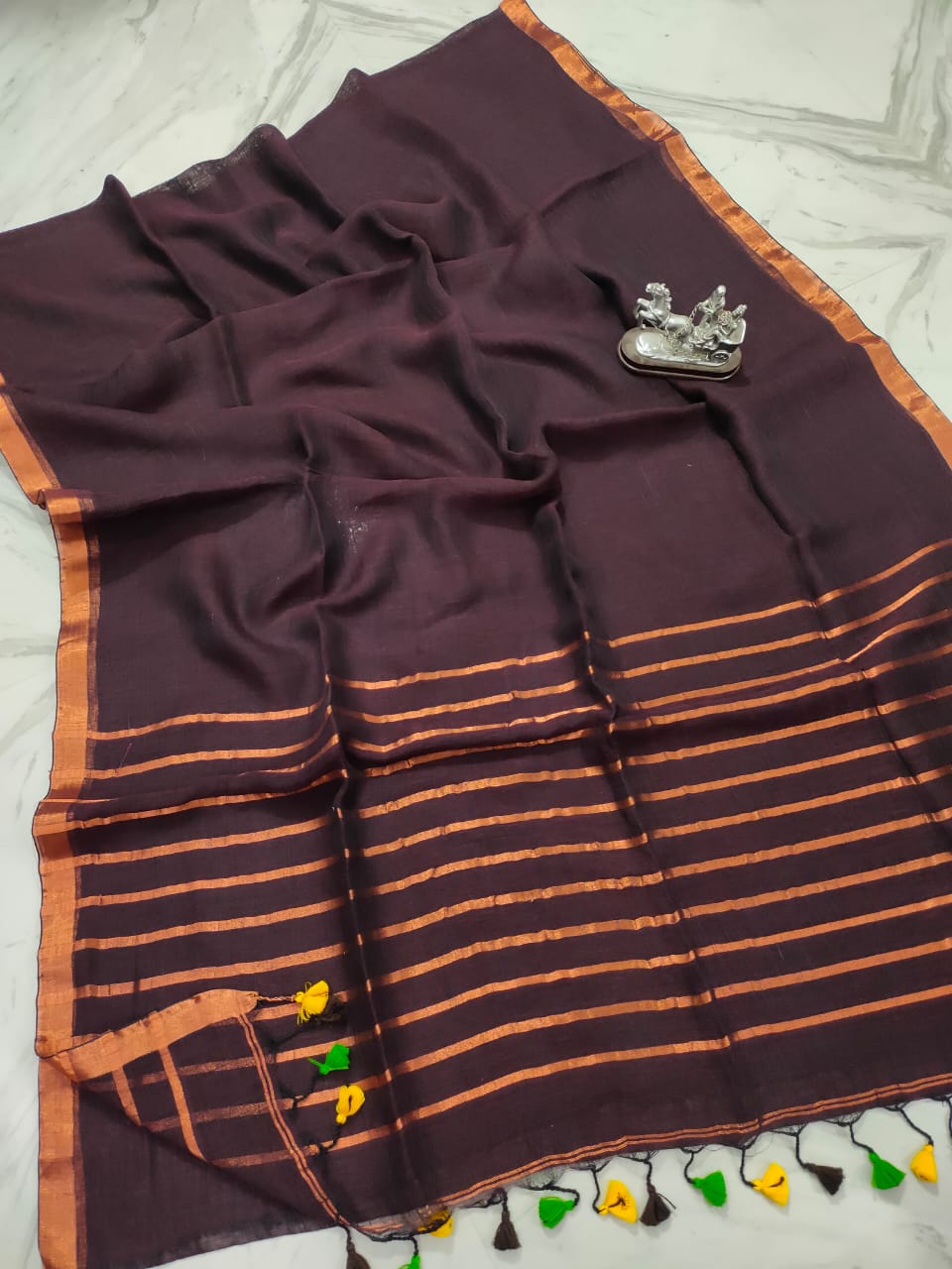 Pure Linen Brown Saree Contrast Striped Pallu With Running Blouse-Indiehaat