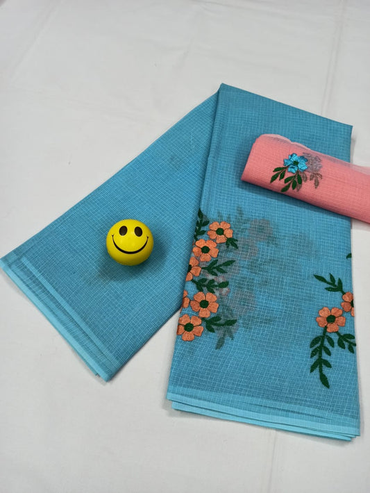 Kota Doria Blue Pure Cotton Embroidery Saree With Blouse Handcrafted-Indiehaat