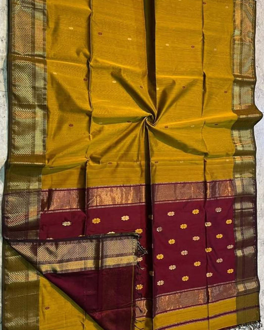 Maheshwari Handloom Handwoven Saree Dark Goldenrod Color Double Design Zari Border, flower work Buti pallu and running blouse - IndieHaat