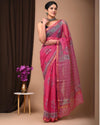 Kota Doria Cotton Saree Pink  Color Block printed with running blouse - IndieHaat