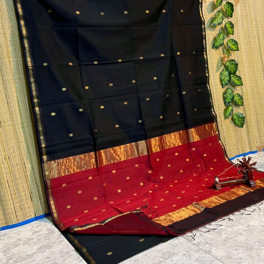 Maheshwari Silk Saree Butta Body Black Color with golden zari weaving border and running blouse (Butta Design) - IndieHaat