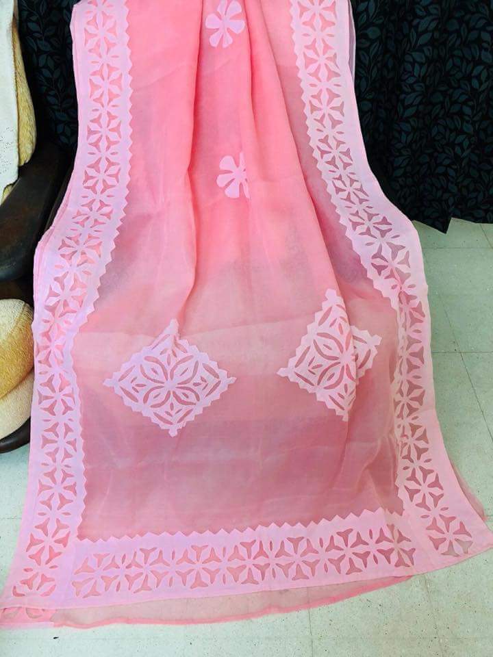 Organdy Cotton Saree Applique work Flamingo Pink Colour with running blouse