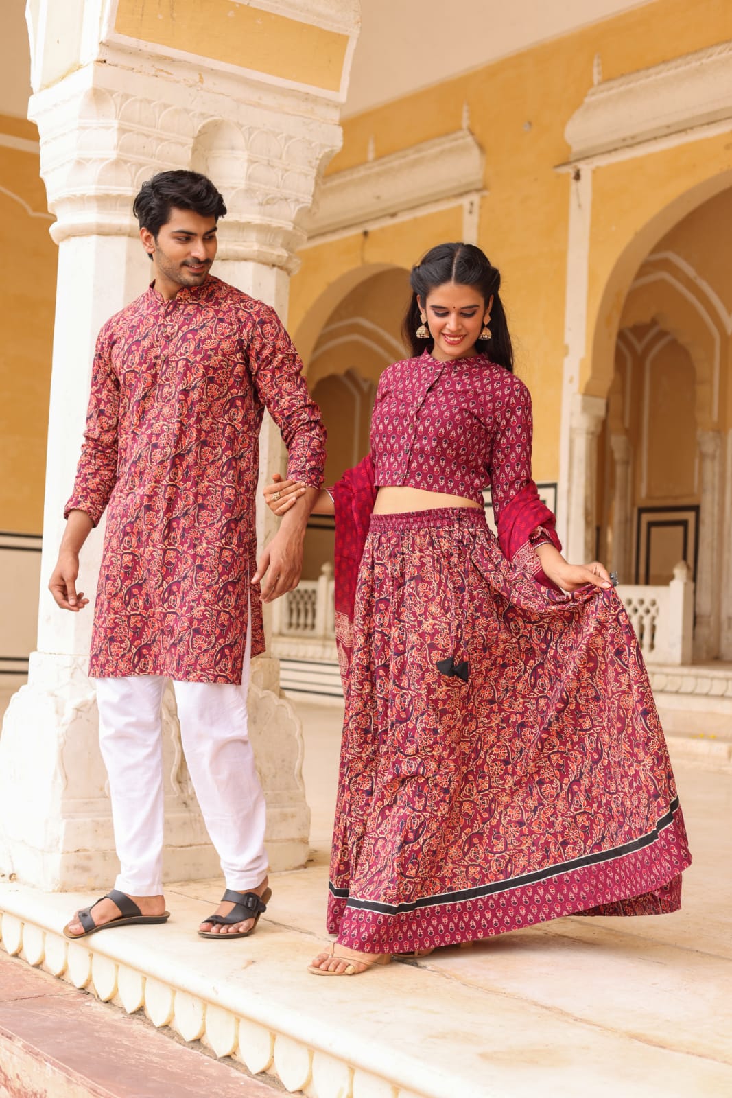 Handblock Printed Cotton Lehanga with Mulmul Dupatta and Kurta Pyjama Combo (Size: 32-46) Rose Red Color-Indiehaat