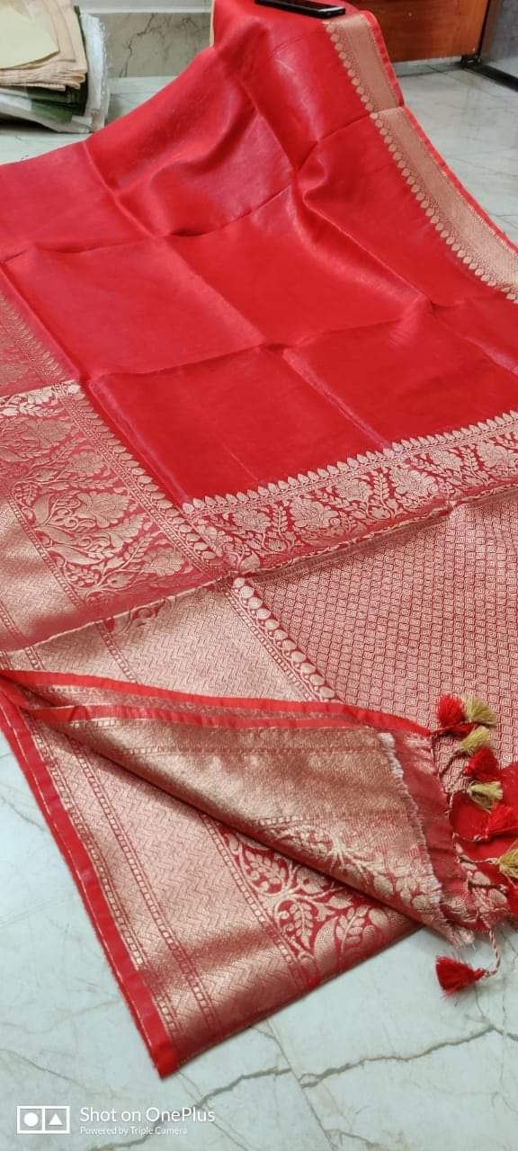 Silk Linen Weaving Design Jacquard Handloom Red Saree with Running Blouse-Indiehaat