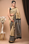 Pure Maheshwari Silk Saree Yellow Hand block Printed with running blouse (Silk by Silk)-Indiehaat