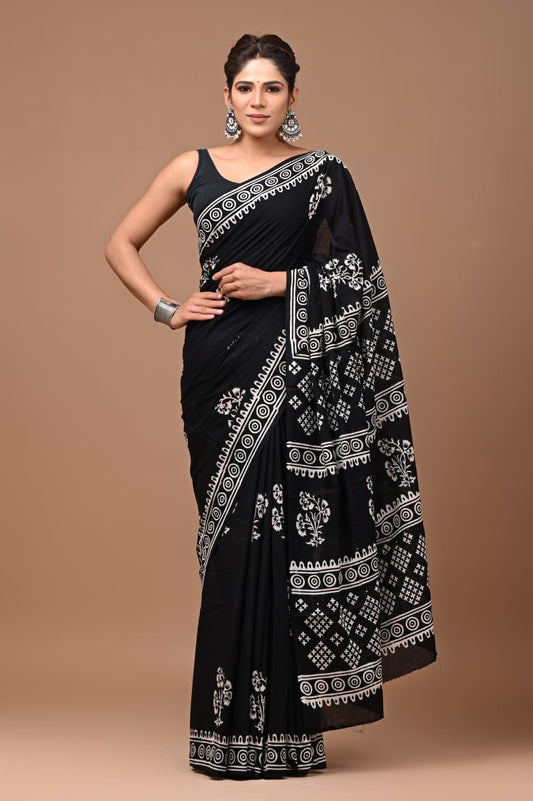Mulmul Cotton Saree Black Color Handblock Printed with running blouse - IndieHaat