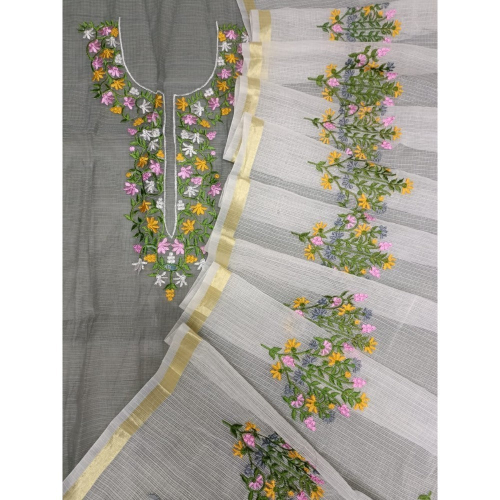 Kota Doria Grey Suit Material 2 Piece Embroidered (Only Top and Dupatta)-Indiehaat