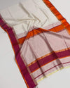 Pure Maheshwari Handloom Handwoven Silk Saree White Color Zari Border with running blouse - IndieHaat
