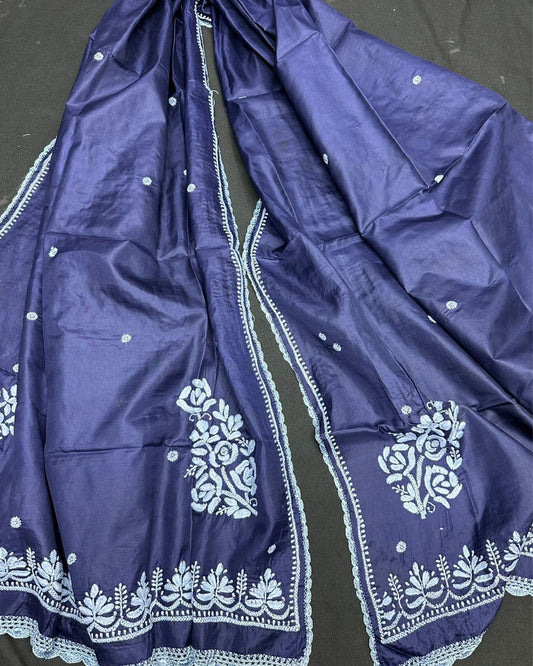 Pure Tussar Silk Dupatta Blue Color Chikankari and Crochet work - IndieHaat
