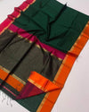 Pure Maheshwari Handloom Handwoven Silk Saree Dark Green Color Zari Border with running blouse - IndieHaat