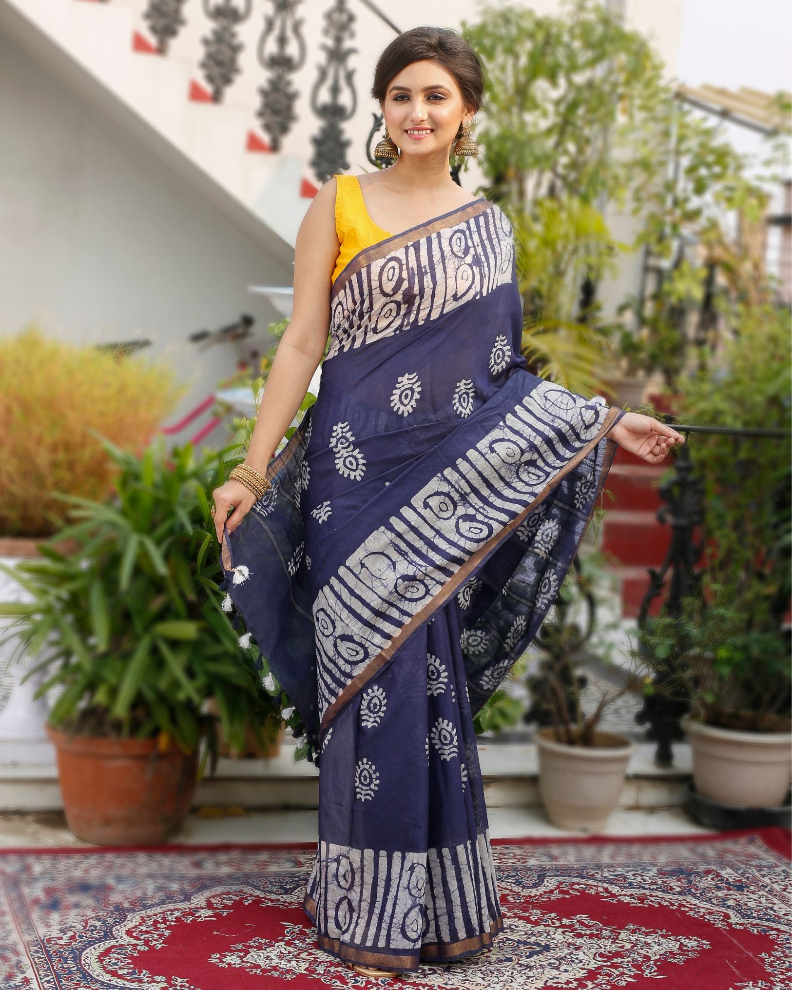 Kota Silk Saree Slate Blue Color Batik Print with running blouse - IndieHaat
