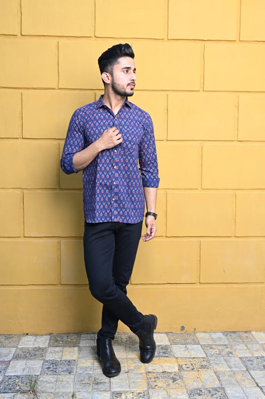 Stay cool and stylish with our Hand Block Printed Pure Cotton Men's Shirts-Indiehaat