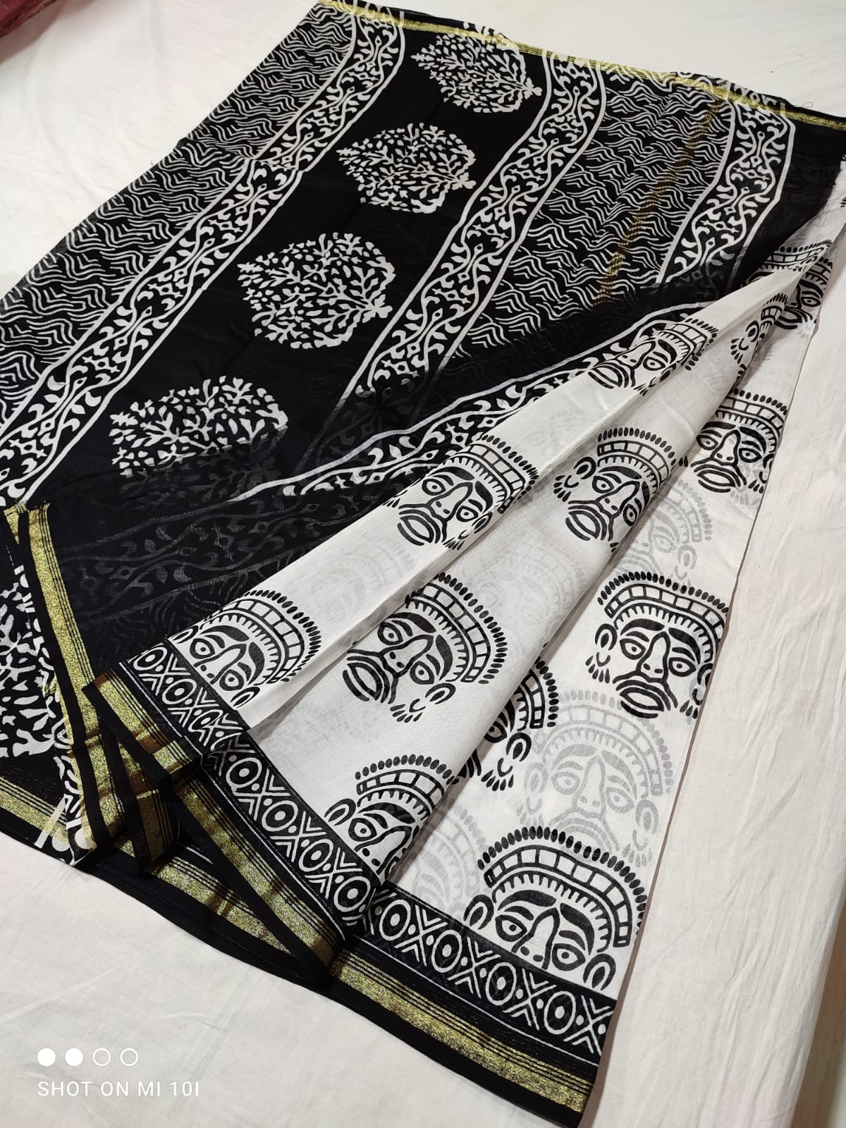 Chanderi Masrise/Mercerised Cotton Silk saree Hand block Print Black and White Colour with running blouse
