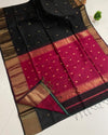 Maheshwari Handloom Handwoven Saree Black Color Double Design Zari Border with flower buti pallu and contrast blouse - IndieHaat