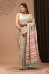 Mulmul Cotton Blockprinted Shining Olive Green Saree