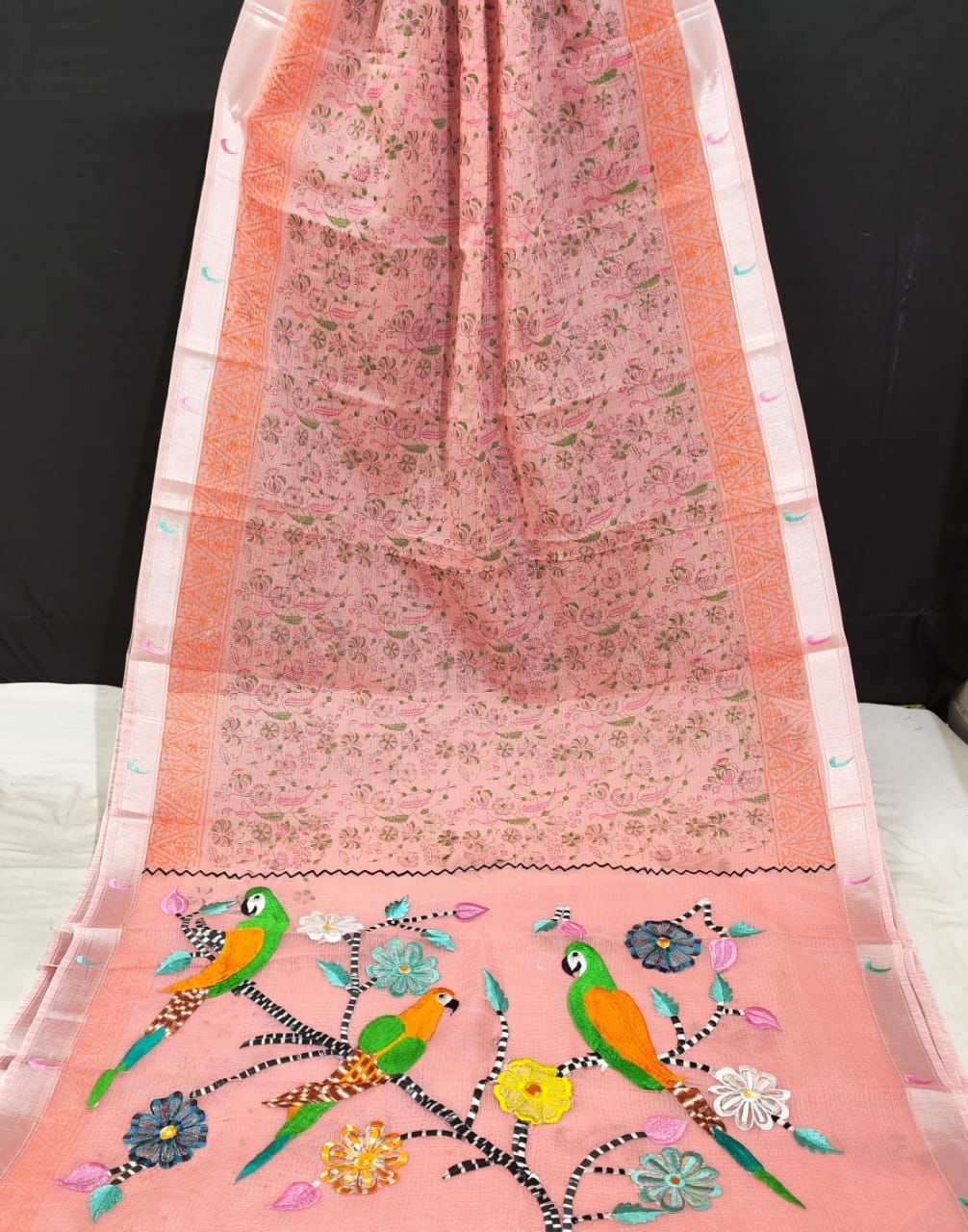 Kota Doria Paithani Embroidery Designer Saree Melon Pink Colour with running blouse