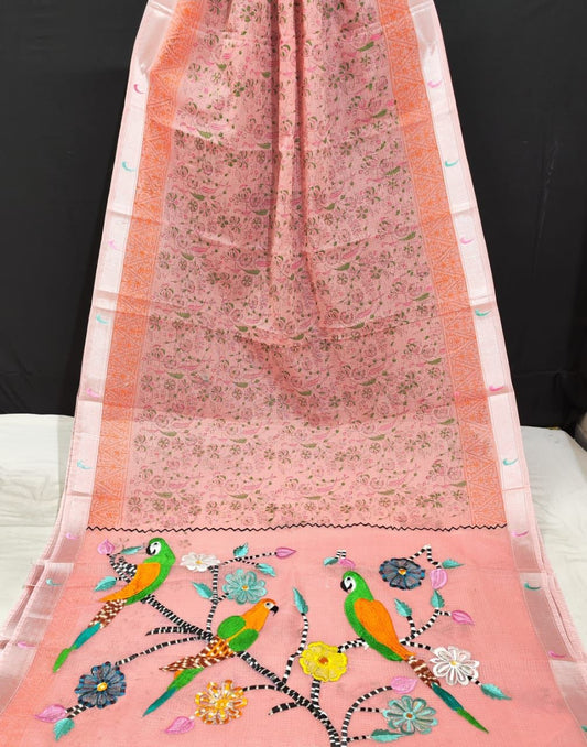 Kota Doria Paithani Embroidery Designer Saree Melon Pink Colour with running blouse-Indiehaat