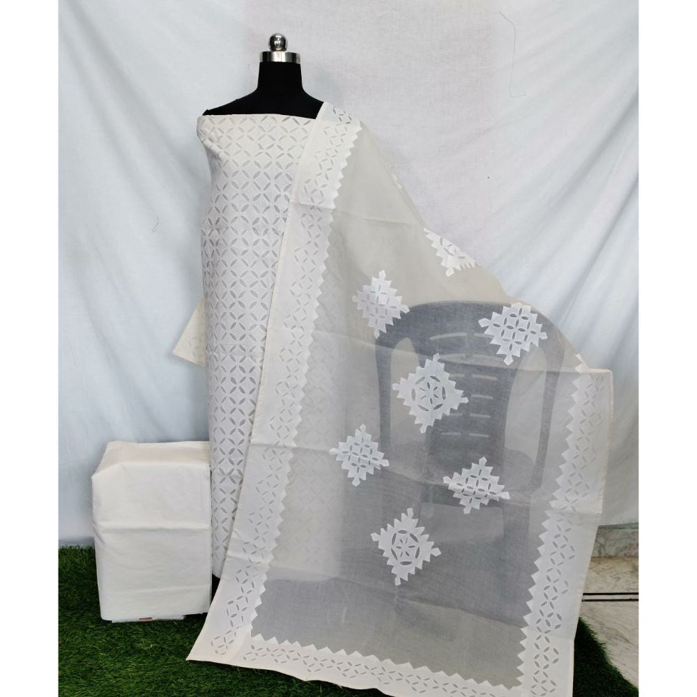Cotton Applique work White Suit with Organdy Dupatta-Indiehaat