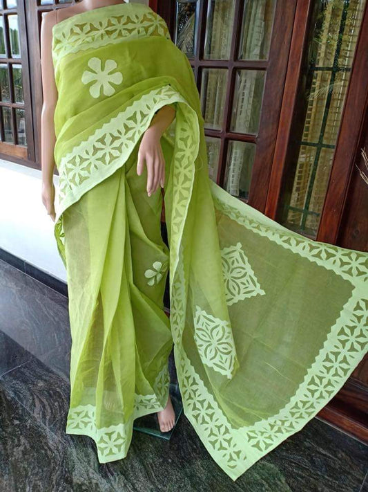 Organdy Cotton Saree Applique work Green Colour with running blouse-Indiehaat
