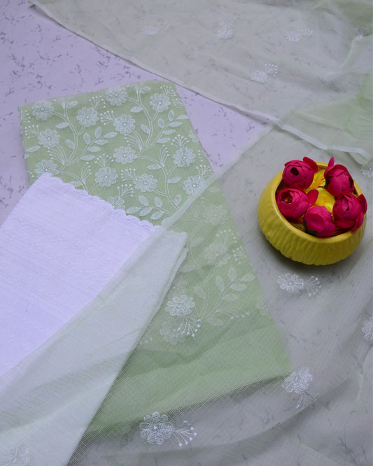 Kota Doria Suits White & Sage Green Color Embroidery Work (Top+Bottom+Dupatta) - IndieHaat