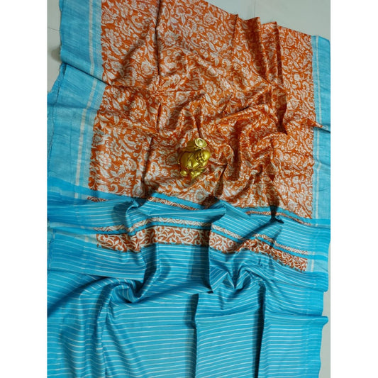 Silkmark Certified Tussar Silk Handloom Handblock Printed Orange and Blue Saree with Blouse-Indiehaat