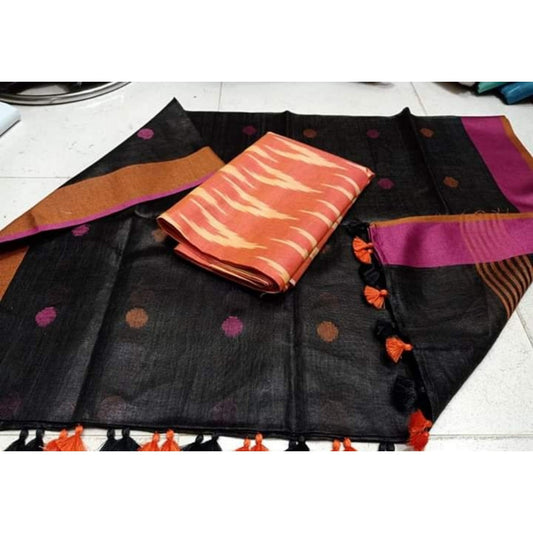 Pure Linen Black Dupatta With Orange Ikkat Kurti Material-Indiehaat