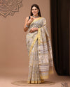 Pure Maheshwari Silk Saree Light Yellow Handblock Printed with running blouse