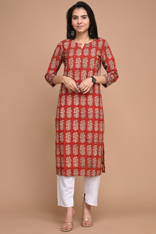 Cotton Hand Printed Kurti (38-46) Red Color (Only Kurti)-Indiehaat