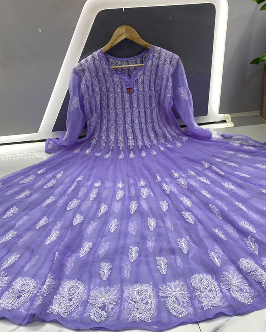 Georgette Anarkali Gown (56 kali) Lavendar Color Chikankari work with inner - IndieHaat
