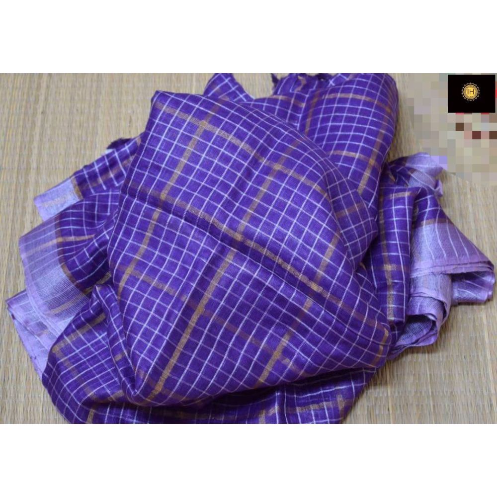 Pure Linen Check Design Handloom Purple Saree with Running Blouse-Indiehaat