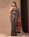 Pure Maheshwari Silk Saree Black Handblock Printed with running blouse