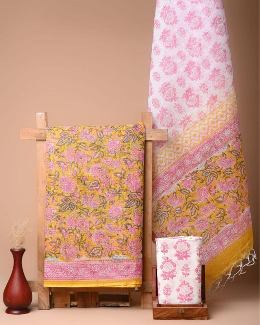 Kota Doria Suit (Top+Bottom+Dupatta) Pink Color Handblock printed - IndieHaat