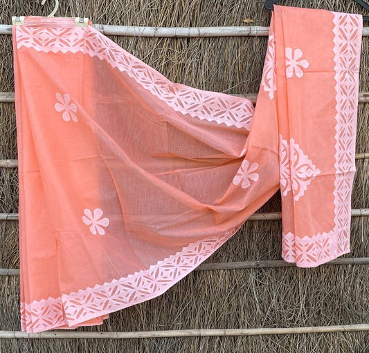 Organdy Cotton Saree Applique work Tangerine Red Colour with running blouse-Indiehaat