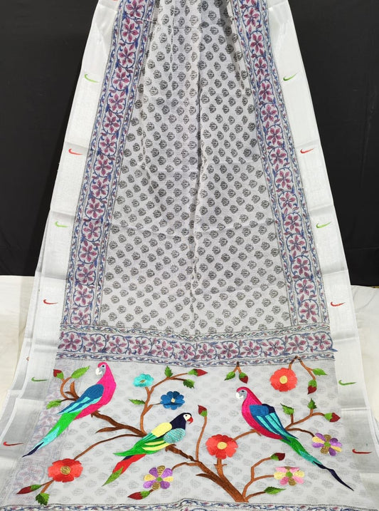 Kota Doria Paithani Embroidery Designer Saree Platinum White Colour with running blouse-Indiehaat