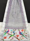 Kota Doria Paithani Embroidery Designer Saree Platinum White Colour with running blouse-Indiehaat