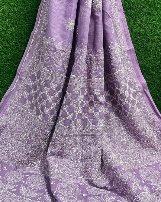 Kota Doria Saree Pastel Purple Color Chikankari work without blouse - IndieHaat