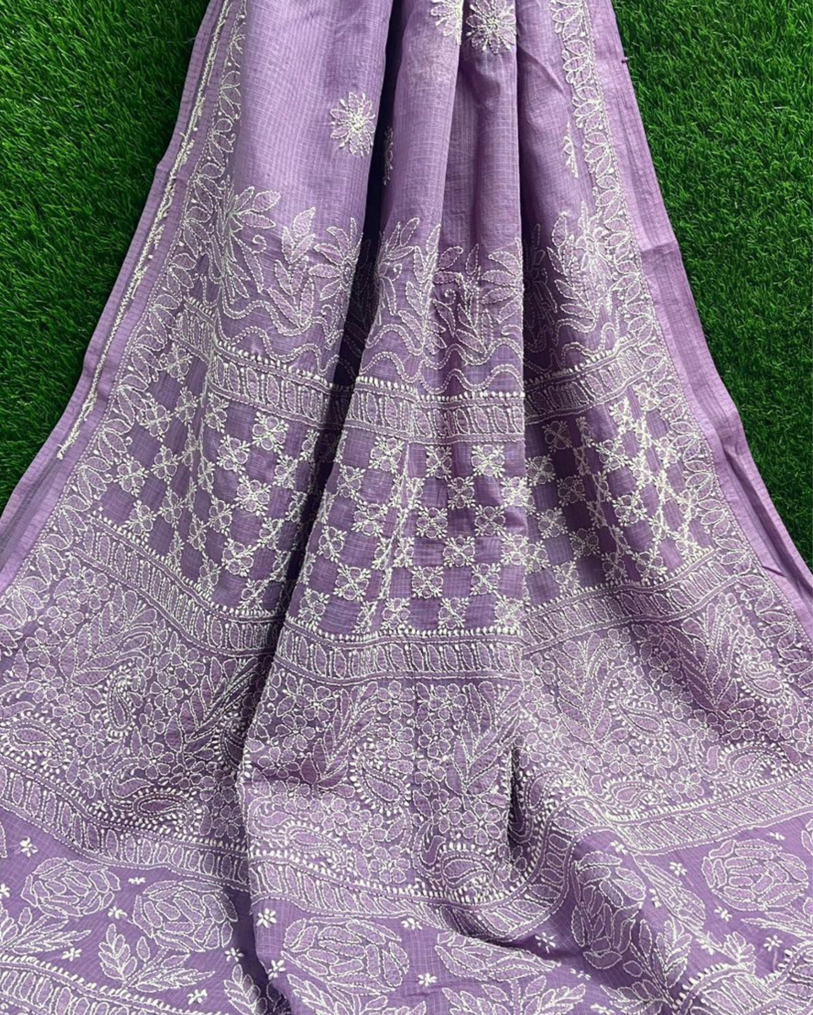 Kota Doria Saree Pastel Purple Color Chikankari Work Without Blouse 