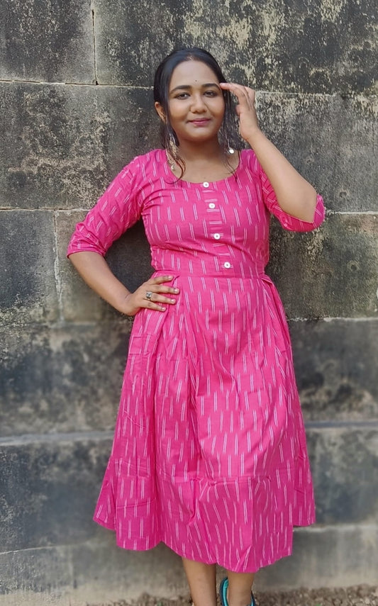 Pure Cotton Dress Ikkat Design Pink 25% Off - IndieHaat