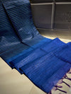 Kota Silk Saree Midnight Express Blue Color with Sequence Pallu, golden stripes and Contrast Pallu and Blouse (running blouse)-Indiehaat