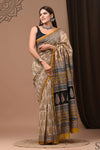 Pure Chanderi Silk Rustic Brown  Saree Handblock Printed with running blouse