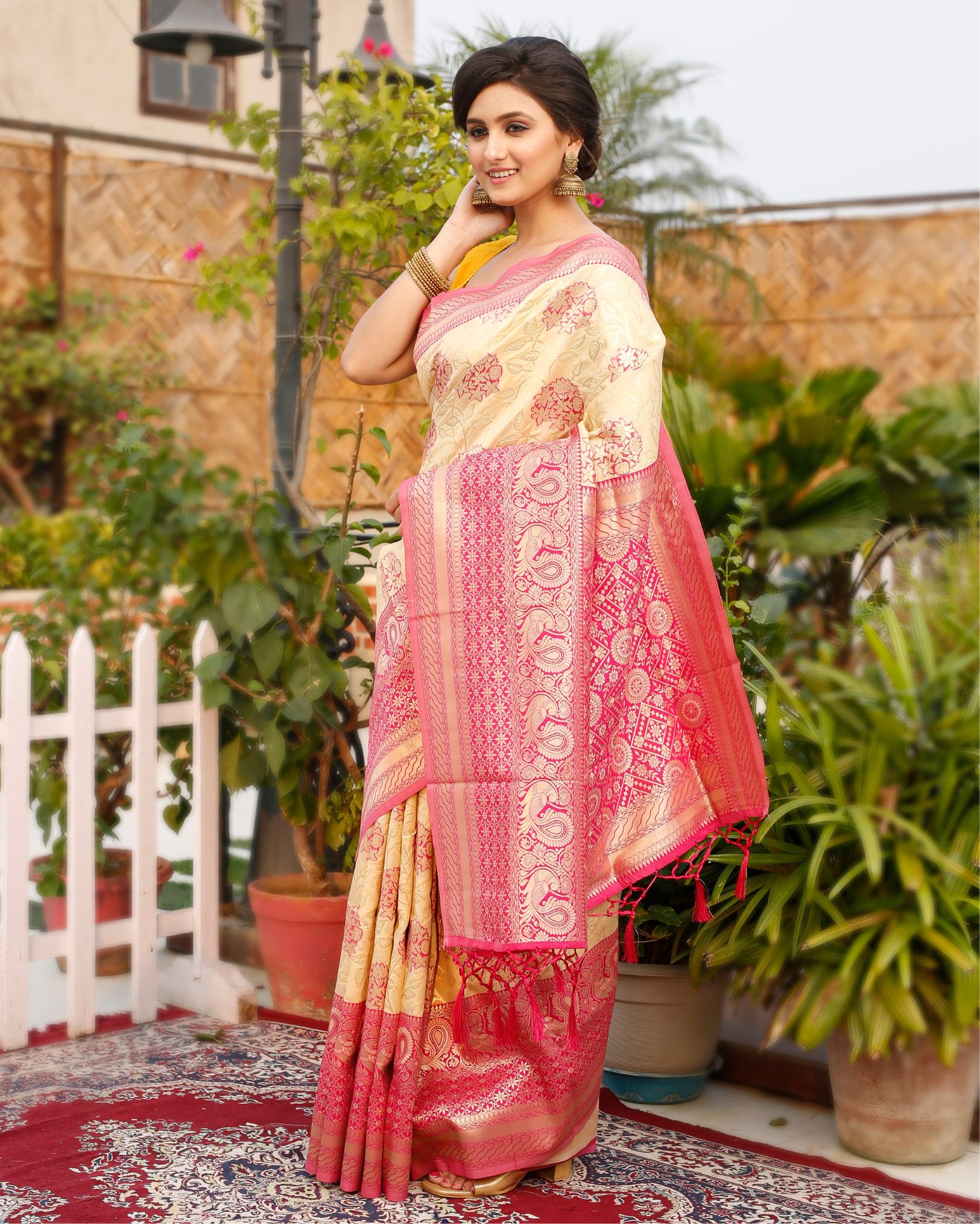 Pastel Beige Designer Patola Silk Saree – Rushini