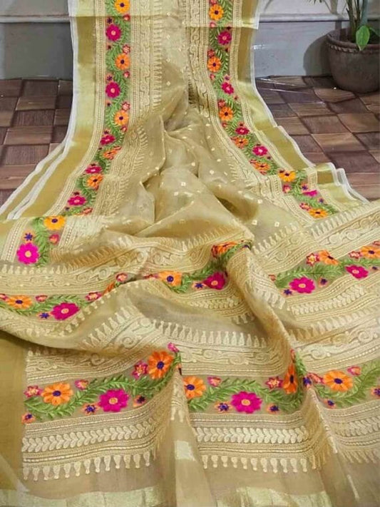 Muslin Silk Saree Embridered Beige Color with running blouse - IndieHaat