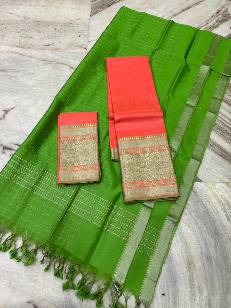 Mangalagiri Lehanga Sets Green & Red-Orange Color 300 K Kanchi Border (Lehanga+Blouse+Dupatta) - IndieHaat