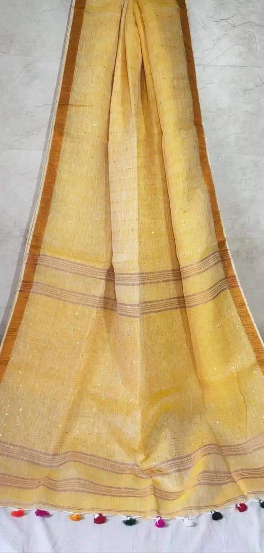 IndieHaat|Pure Line Saree Embroidered Yellow 9% Off