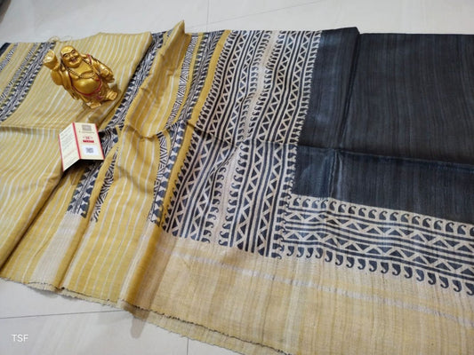 Silkmark Certified Tussar Silk Handloom Handblock Printed Black and Yellow Saree with Blouse-Indiehaat
