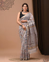 Pure Maheshwari Silk Saree Gray Handblock Printed with running blouse