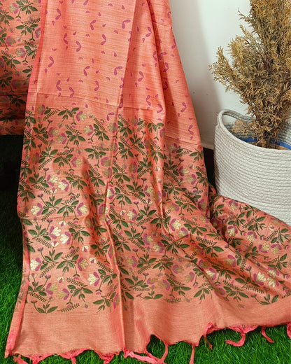 Khadi Silk Printed Suit Peach (Top+Bottom) with Bandhini Dupatta
